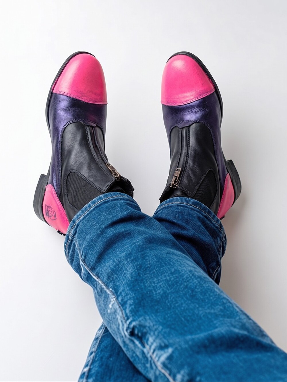 Rare Colorblock Pink, Purple And Black Leather Ankle Boots